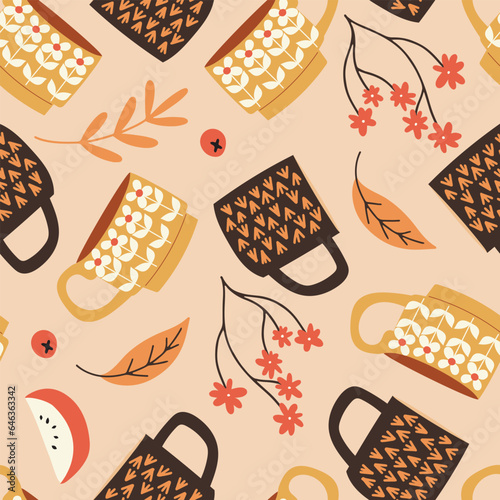 Seamless pattern with adorable autumn cups and flowers, hand drawn vector illustration
