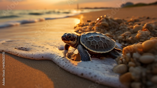 Tiny Turtle Embarking on Morning Sea Journey