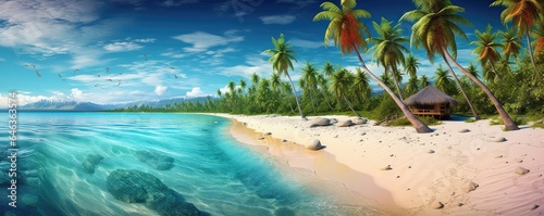 Tropical beach paradise photo realistic illustration - Generative AI.