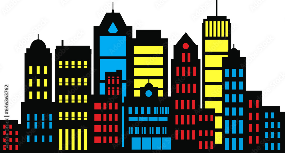 Landscape set of buildings silhouetted on white background. A black outline of low-rise and high-rise complexes and skyscrapers.