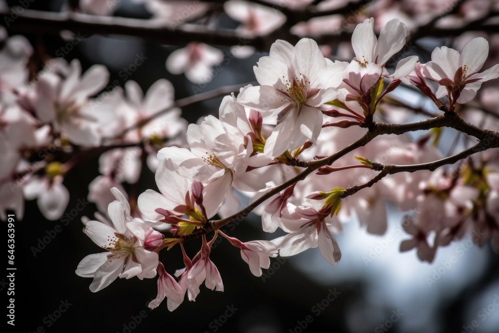 closeup of branches and leaves of a cherry blossom tree closeup of branches and leaves of a cherry blossom tree