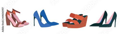Set with four pairs of women's high high heel fashion shoes. Isolated vector illustration in flat design