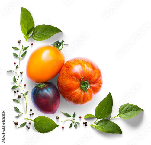Collection of fresh organic tomatoes and basil herb leaves. mediterranean salad with basil herbs and tomatoes on a white table. PNG Food background design element with real transparent shadow on trans