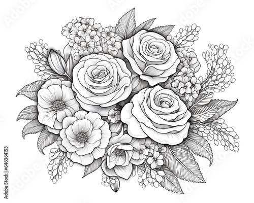 daisy flower and rose flower adult coloring book page design,  Rose flower and leaf wreath hand drawn mandala coloring pages for adults and kids coloring book, generative Ai
