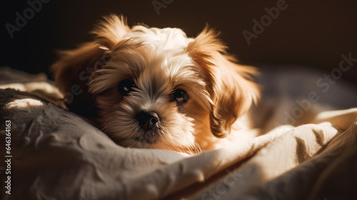 Adorable Puppy Cuddled in Bed, Gazing into Camera