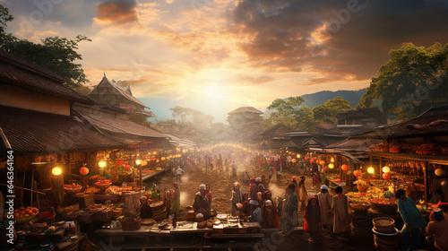 Bustling Chinese Market at Sunset