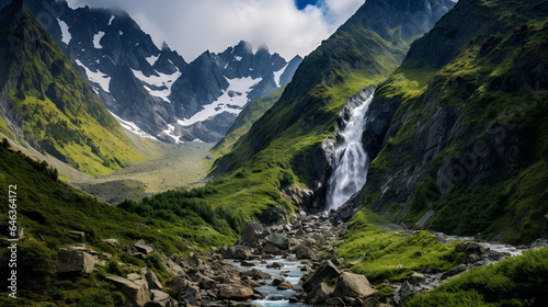 Majestic Alpine Waterfall in Snow-Capped Mountain Landscape