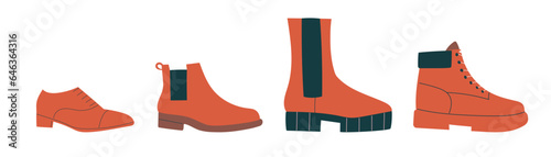 Set with four pairs unisex shoes, casual autumn and winter footwear. Isolated vector illustration in flat design