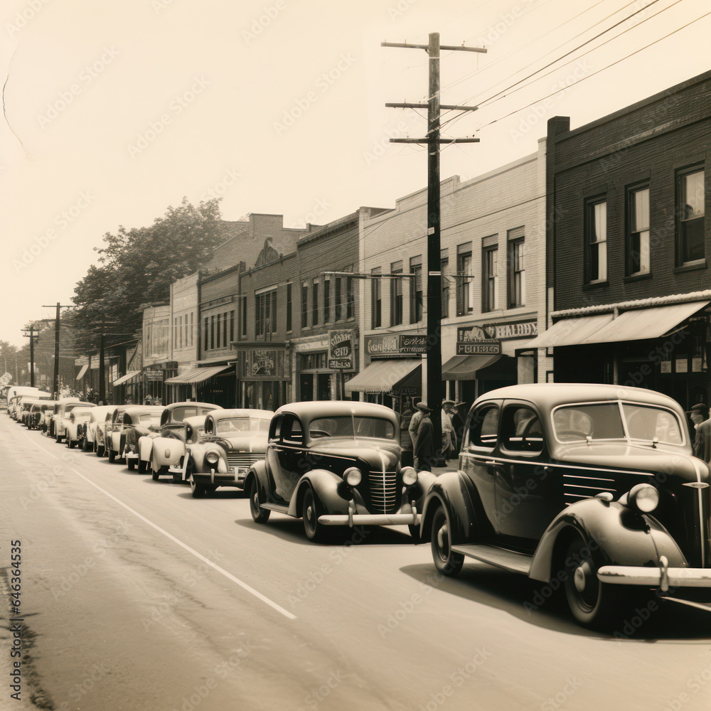 1940 road with cars parked along side of road. 1940 road with cars parked along side of road.