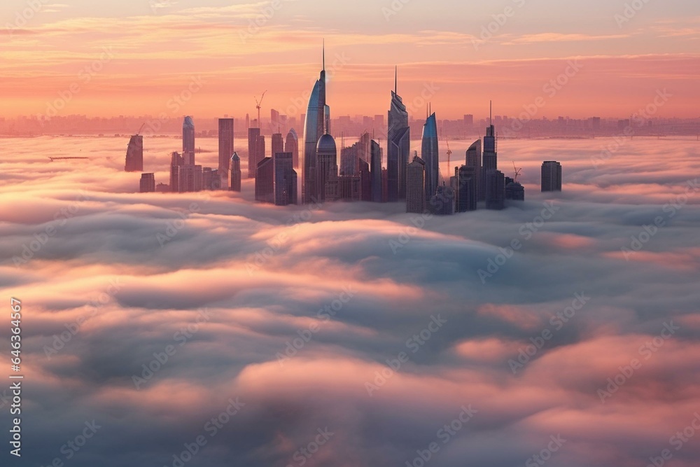 Morning cityscape covered in fog with towering buildings, presented in a panoramic view above the clouds. Generative AI