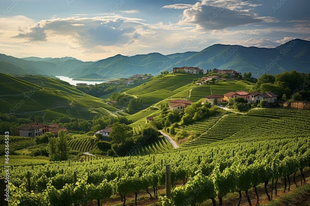 A beautiful landscape with rows of grapevines in Italy. Generative AI