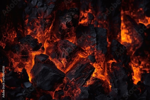 close-up of glowing embers in a dark fireplace