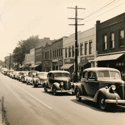 1940 road with cars parked along side of road. © mindstorm