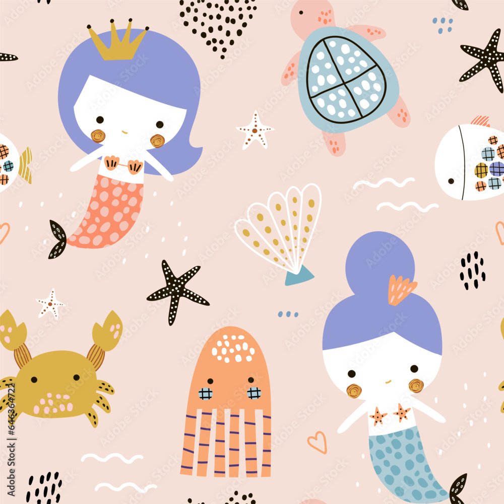 Seamless pattern with cute mermaids. Creative childish underwater texture. Great for fabric, textile Vector Illustration