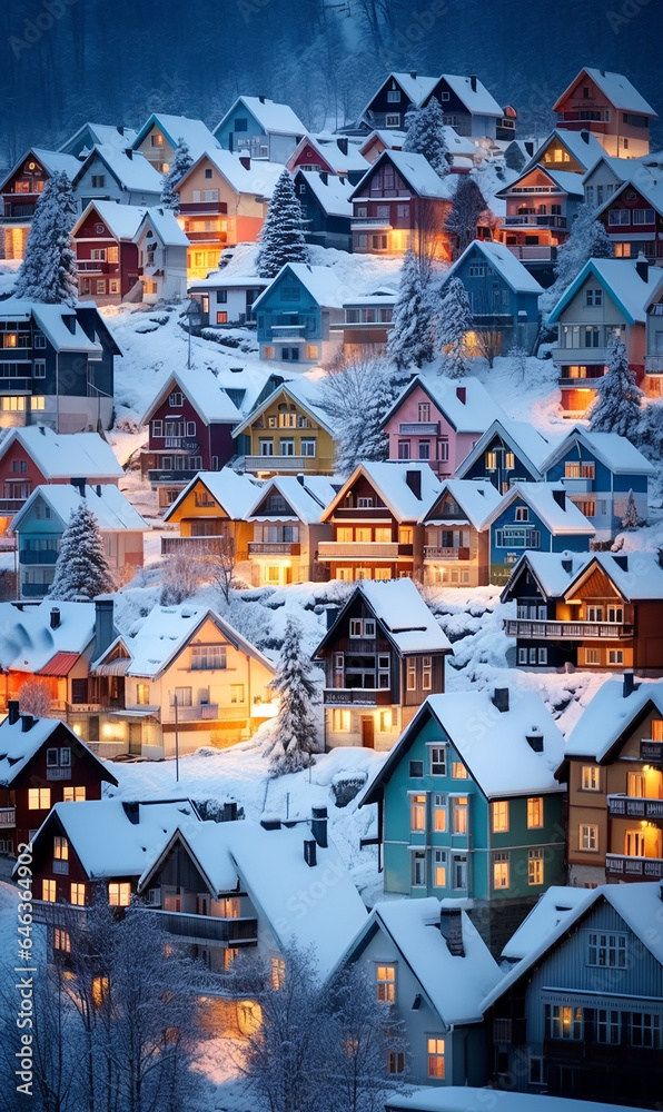 verschneite Winterlandschaft mit bunten Häusern