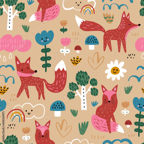 Seamless childish pattern with cute foxes. Creative kids forest texture for fabric  wrapping  textile  wallpaper  apparel. Vector illustration