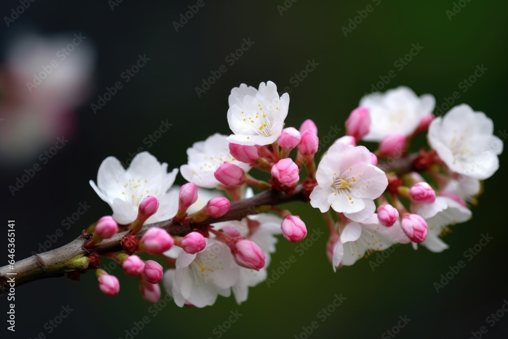 closeup of a branch with pink and white flowers growing on it in nature closeup of a branch with pink and white flowers growing on it in nature