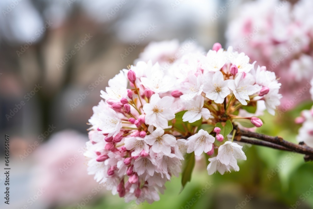 closeup of cherry blossom tree flowers with bokeh copy space in spring