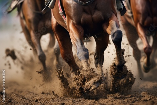 close-up of a racing horses hooves kicking up dirt on the track