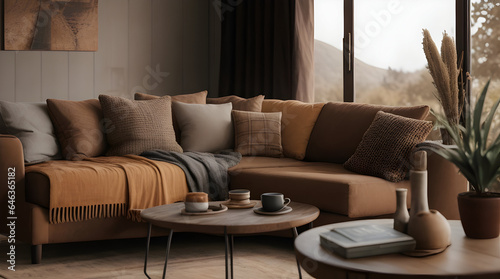 Cozy Living Room with Modern Furniture and Natural Light. Luxurious, contemporary living room with comfortable furniture, cozy pillows, and natural light.