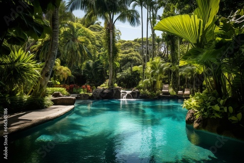 a swimming pool surrounded by lush vegetation. Generative AI © Niklas