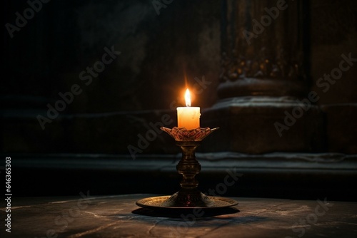 A lit candle in a candle holder on a table in a dark room with a stone floor and wall, with a frame and a candle. Generative AI