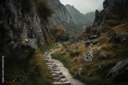 A spooky medieval path winds through barren mountains with a cliff path. Generative AI