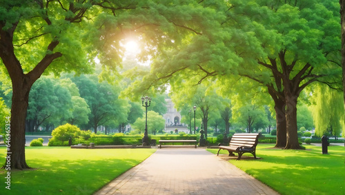 Nature in a beautiful urban City park bench with green trees Ai Generated
