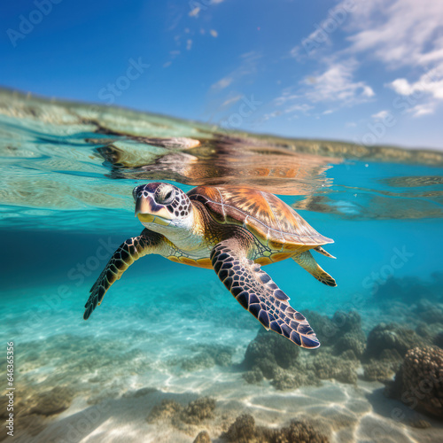 sea turtle swimming in clear ocean waters. © mindstorm