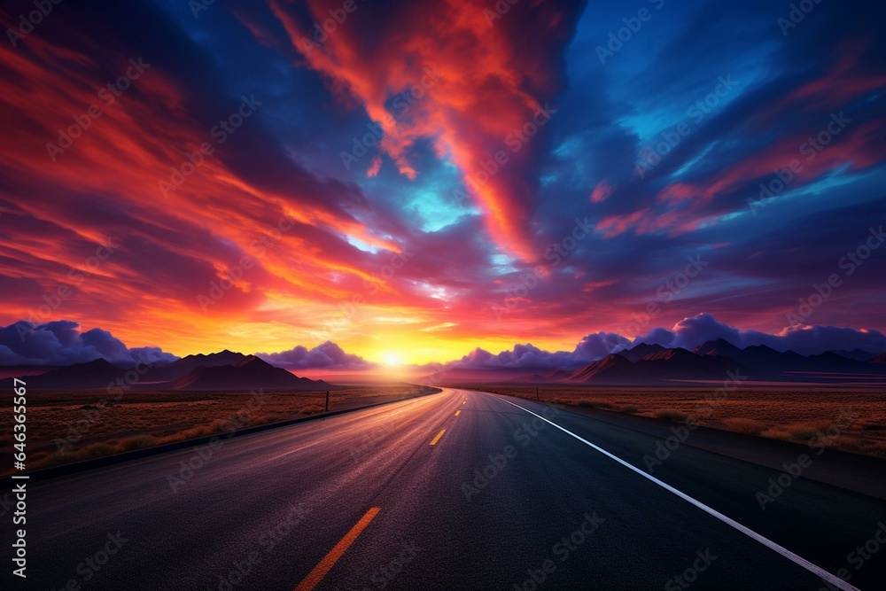 Sunrise with vibrant sky and asphalt road. Generative AI
