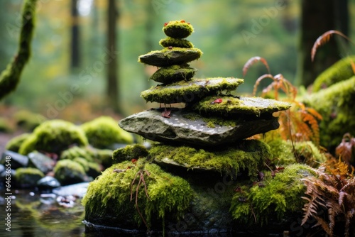 a stack of flat  round stones balancing on a mossy log