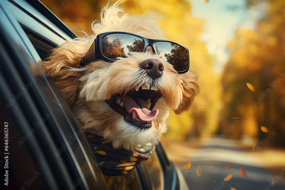 lustiger Hund lehnt sich durch Fenster aus dem fahrenden Auto im Herbst Stock Photo