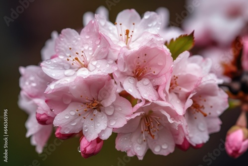 closeup of beautiful pink flower buds  blossoms and petals on a cherry blossom tree