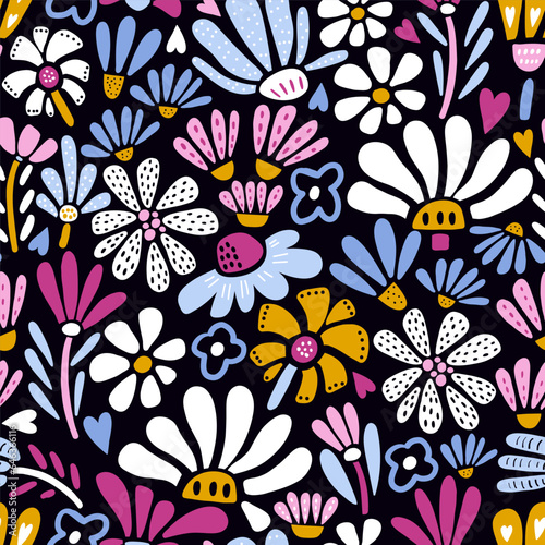 Seamless pattern with hand drawn plants, flowers, leaves. Floral background. Great for fabric design, wallpaper, apparel. Botanical bold vector illustration