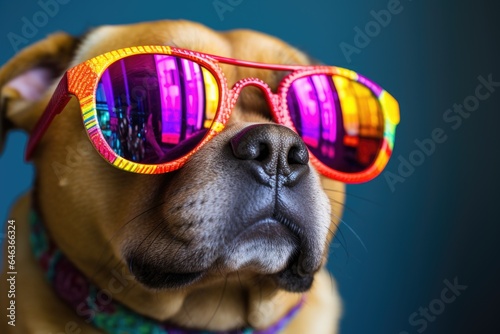 close-up of a pug wearing oversized, colorful sunglasses © Natalia