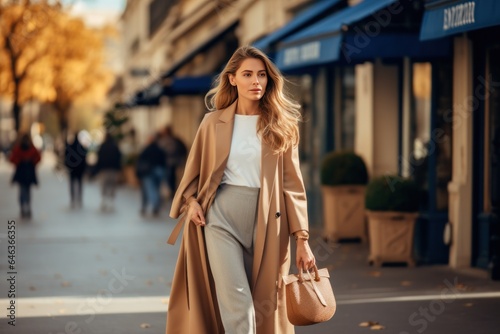 Fototapeta Naklejka Na Ścianę i Meble -  Beautiful model woman walking with shopping bags, buying clothes in stores on a Paris street in France. Fashionable lady with high heels. from behind. Perfect for a advertisement.