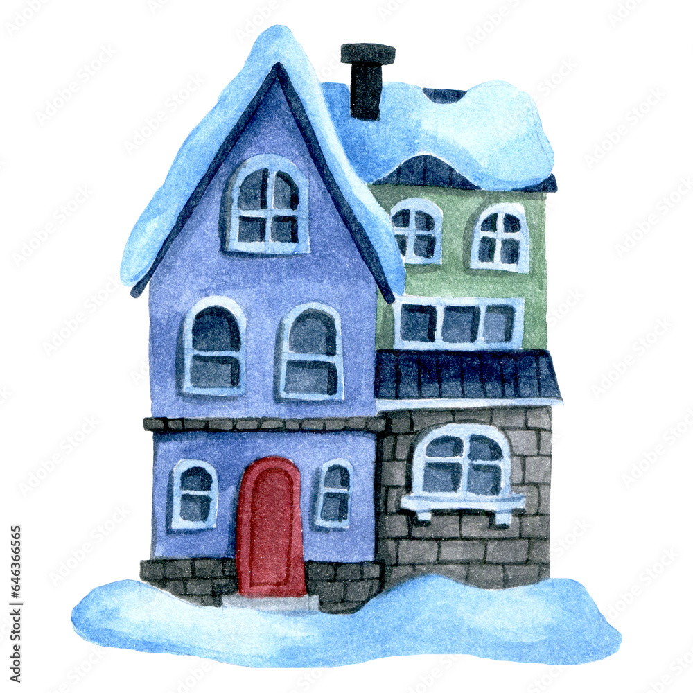 watercolor drawing cute christmas house. winter street in vintage style, fairy tale.