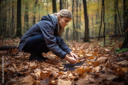 shot of a young biologist looking at animal footprints in the forest