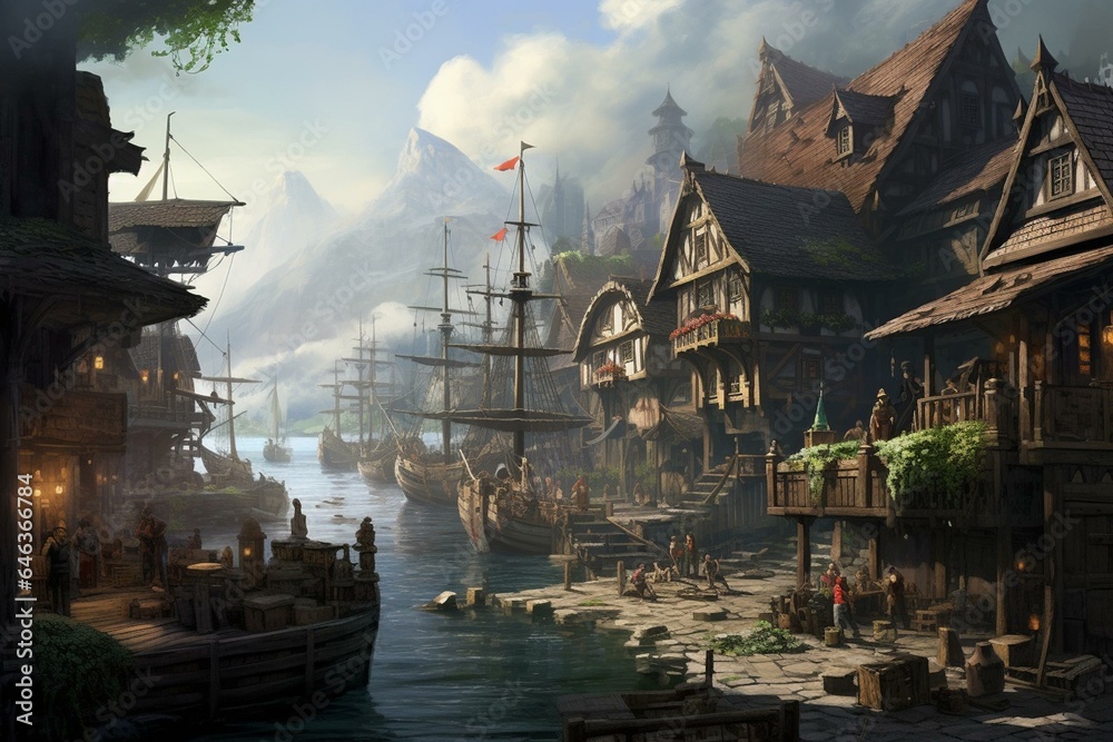Fototapeta premium An illustration of a pirate ships tavern and shops surrounded by a medieval town in a fantasy style. Generative AI