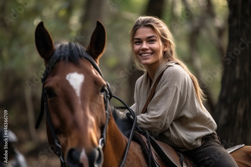 an attractive young woman sitting on a horse and smiling at the camera