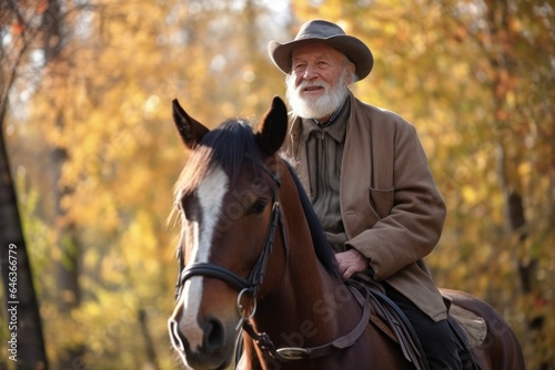 friendly, handicap and old man on horse outdoor in park for retirement, adventure or hobby