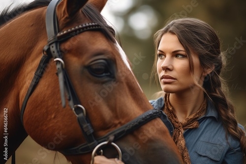 cropped shot of a woman leading her horse by the bridle © altitudevisual