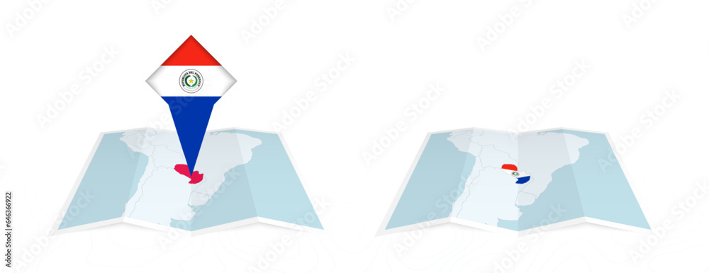 Two versions of an Paraguay folded map, one with a pinned country flag and one with a flag in the map contour. Template for both print and online design. Two versions of an Paraguay folded map, one with a pinned country flag and one with a flag in the map contour. Template for both print and online design.