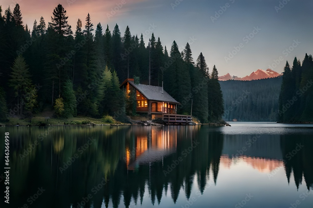 Fototapeta premium Cozy Cabin by Lake at Dusk with Mountain View