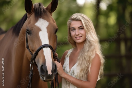 a woman smiling at the camera while holding her horse © altitudevisual