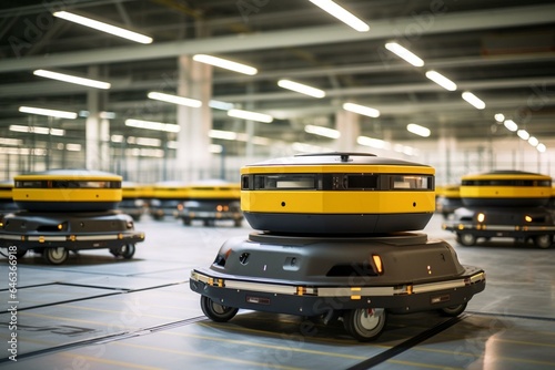 Dynamic warehouse with robotic movers. AGV, AMR, production. Generative AI