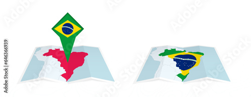 Two versions of an Brazil folded map, one with a pinned country flag and one with a flag in the map contour. Template for both print and online design.