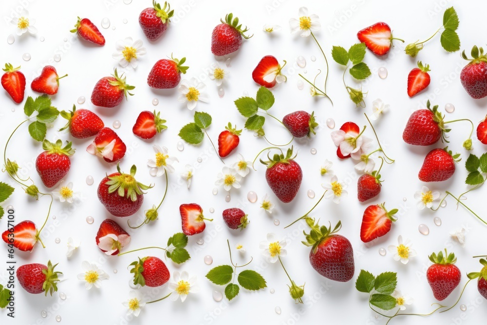 fresh strawberries scattered on a pristine white background fresh strawberries scattered on a pristine white background
