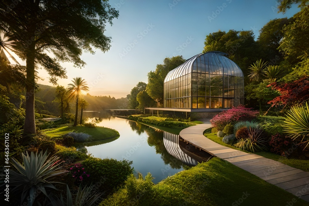 Obraz premium Glass Greenhouse in Lush Garden with Reflecting Pond