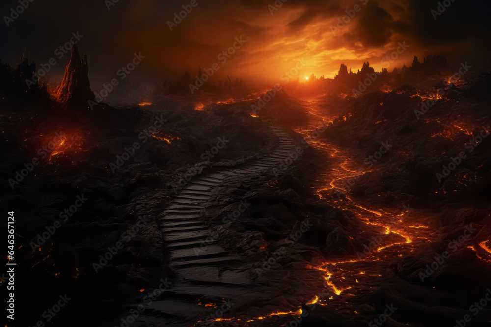 Apocalyptic inferno underworld landscape with road to hell. Life after death religious concept. Apocalyptic inferno underworld landscape with road to hell. Life after death religious concept.